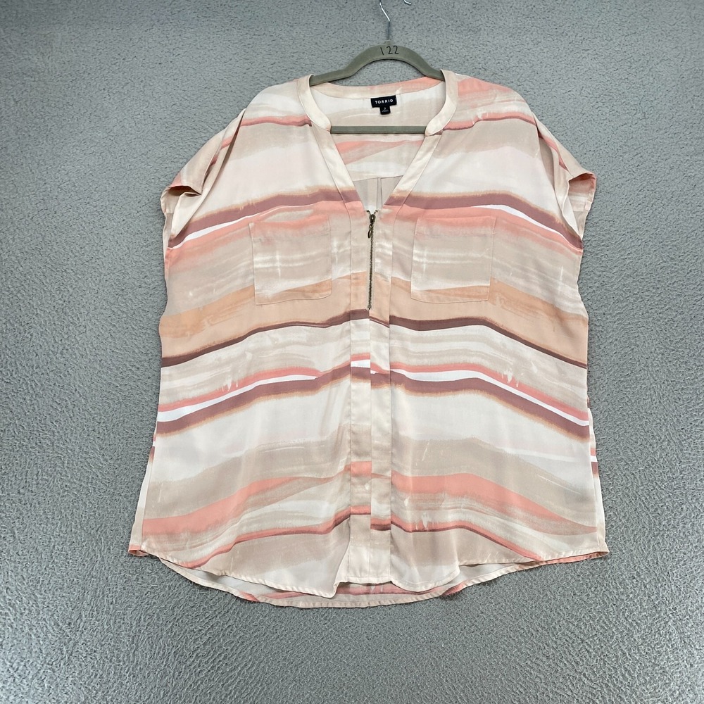 Torrid Top Womens 2 / 2X Boxy Cap Sleeve Blouse Striped Pink Creme‎ Office Work